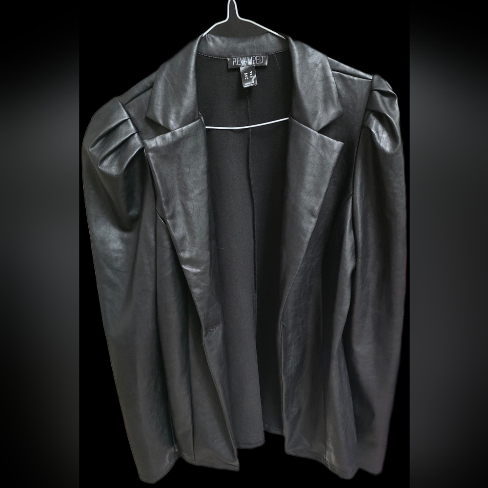 Revamped Black Faux Leather Puff Shoulder Blazer M